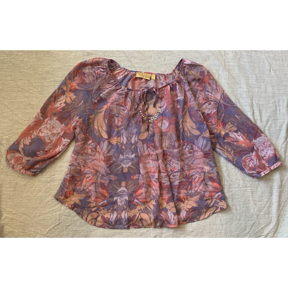 Vera Wang Blouse Women's Size Medium Floral‎ Pink Purple Sheer